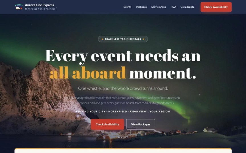 Northern Lights party rental website design